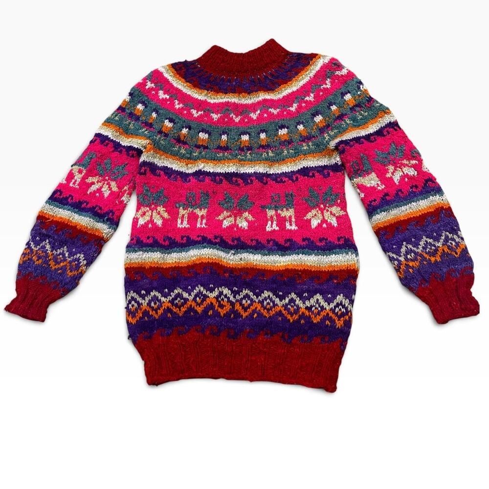 Vintage Hand Knit Fair Isle Sweater Llama Alpaca Folk Art Pink Purple S -